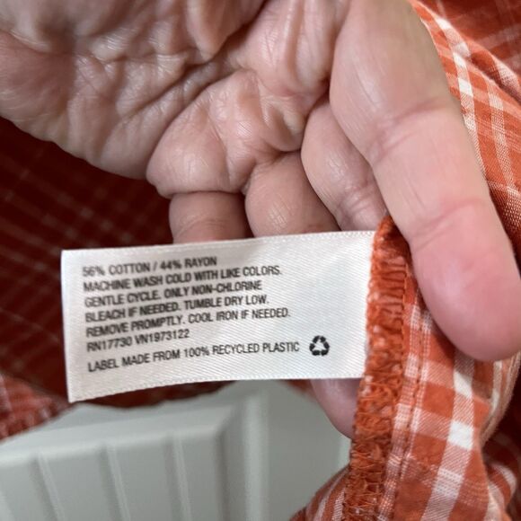 Universal Thread Orange Plaid Mixed Print Sewn Patchwork Custom Top Womens Sz L - Picture 7 of 11